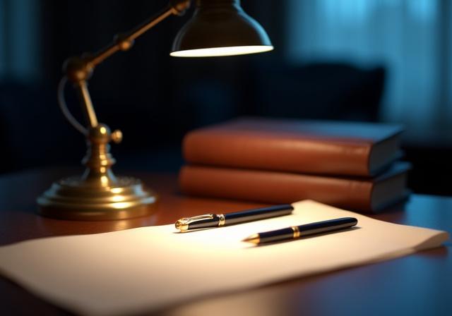 A high-end legal office desk with professional drafting tools