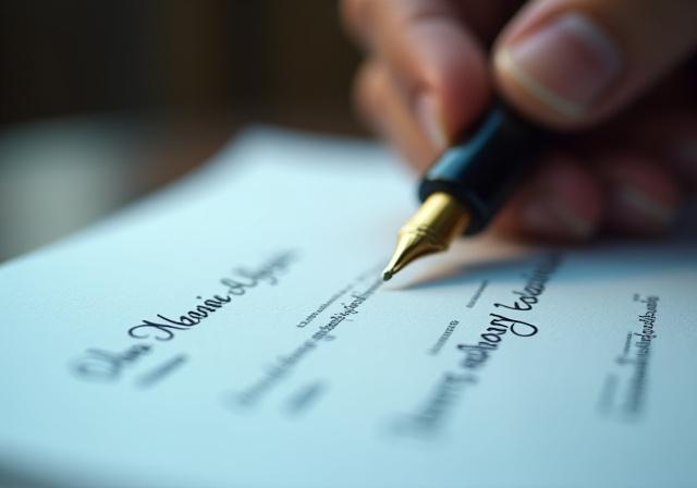 Close up of a legal document being signed with a premium fountain pen on textured paper